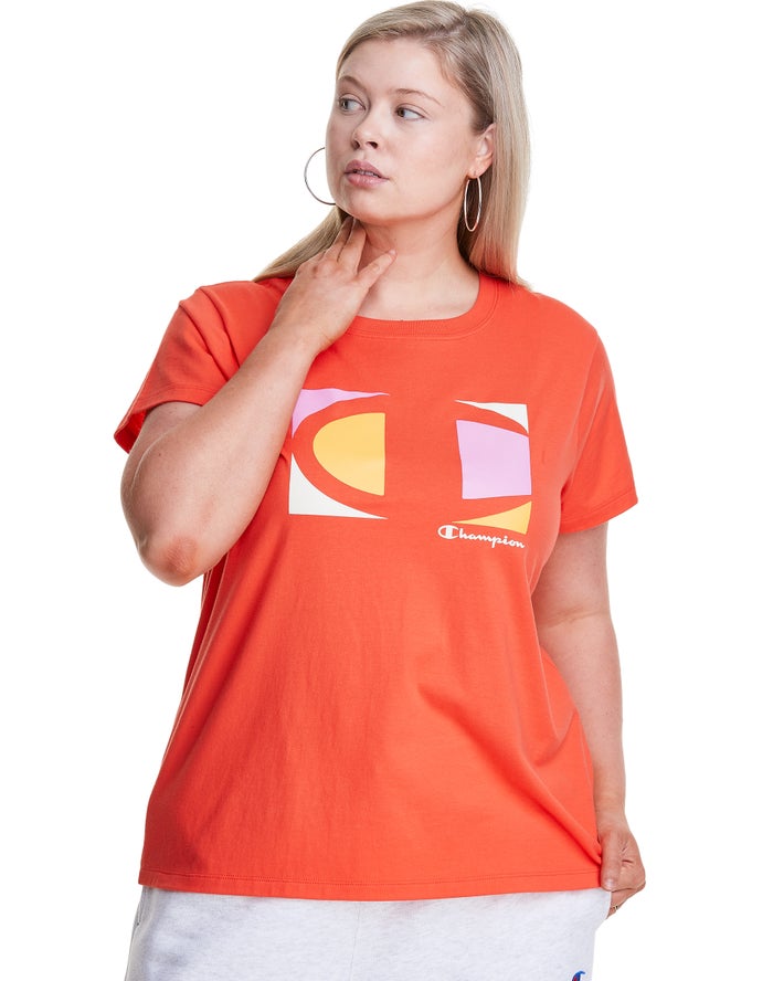 Champion Dame T-Shirts Orange - Plus Classic Embroidered C Logo - Danmark BFE-514926